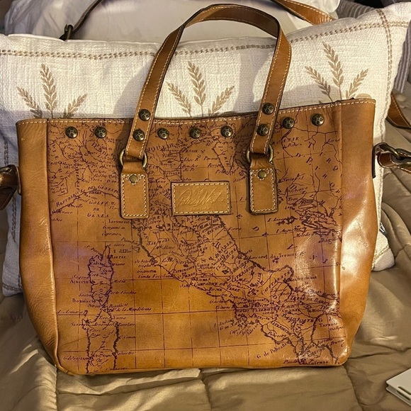 Patricia Nash Handbags - Patricia Nash Map Brown Leather Tote Bag with Handles and Long Strap